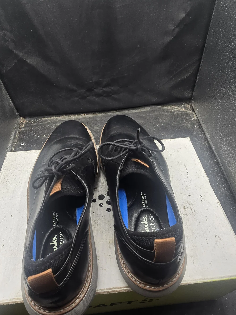 Clarks Black Leather Derby Shoes with Tan Trim